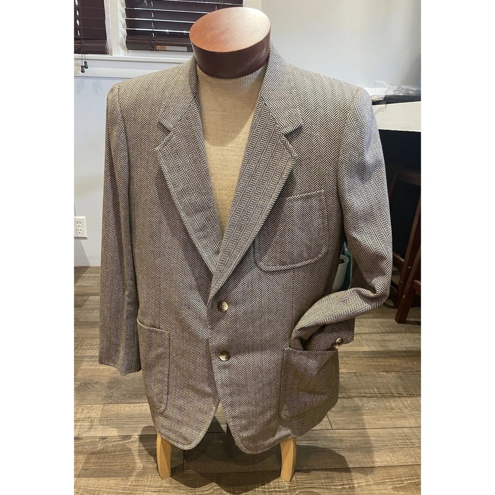Vtg 80s Mens Tweed Wool Sport Coat Blazer Chocolate Brown Herringbone Preppy 48